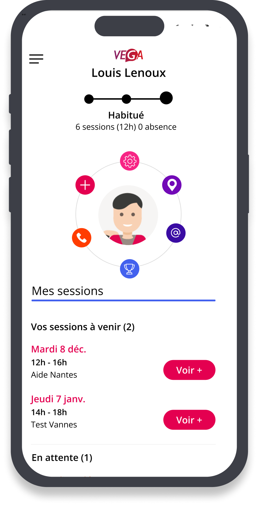 Home combining upcoming sessions and contact tools · Figma design
